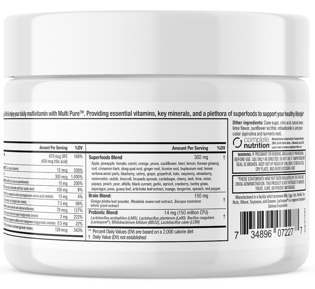 Reclaim Multi Pure Lemon Lime, Immune Support, Vitamin C, Vitamin B Complex, Probiotic, Superfood Powder, Calcium, Magnesium Oxide, (30 Servings) (Lemon Lime) Complete Nutrition Au supplements