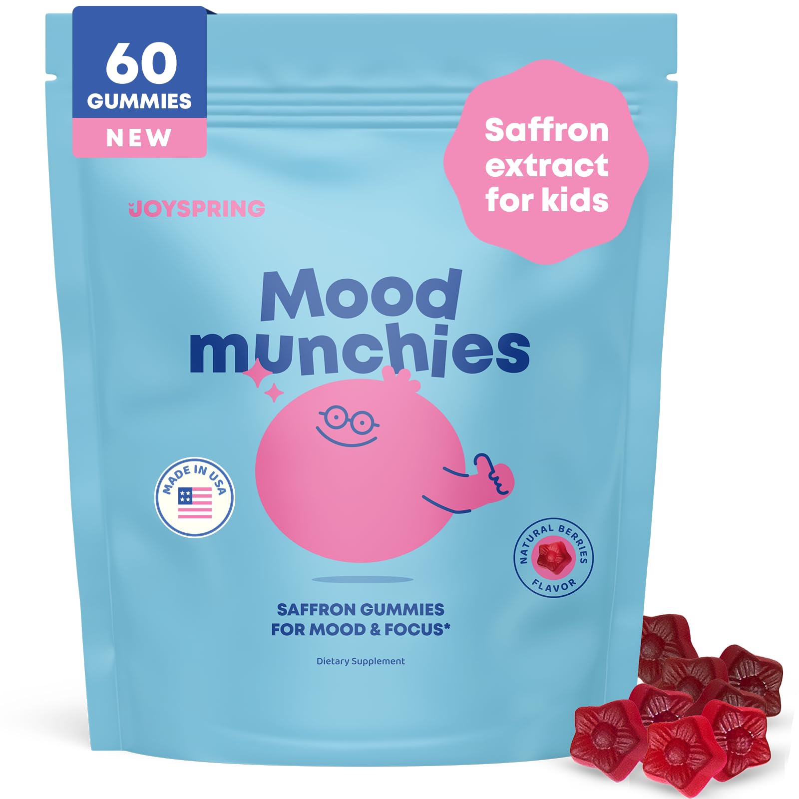 JoySpring Mood Munchies Saffron Gummies for Kids 4+ | Saffron Extract Supplement with GABA, Passion Flower & St Johns Wort | Sugar Free Vegan Brain Support & Kids Focus Gummies | Crafted in USA JoySpring Au supplements