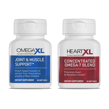 OmegaXL Joint Support Supplement - Natural Muscle Support, Green Lipped Mussel Oil, Soft Gel Pills, Drug-Free, 60 Count + HeartXL 30 Count, High Potency Omega-7 Blend OmegaXL Au supplements