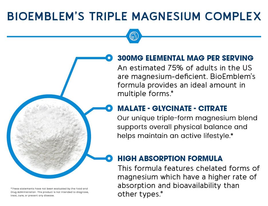 BioEmblem Triple Magnesium Complex | 300mg Magnesium Glycinate, Malate & Citrate | High Absorption Chelated Formula | Vegan, Non-GMO, Gluten-Free | 90 Capsules BioEmblem Au supplements