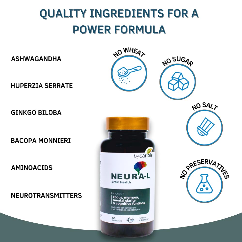 BY CARIOLA Neural-L Natural Brain Support Supplement 60 Caps - Mental Support – Memory Booster - Concentration - Natural Formula - Ashwagandha - L-Tyrosine - L-Theanine BY CARIOLA Au supplements