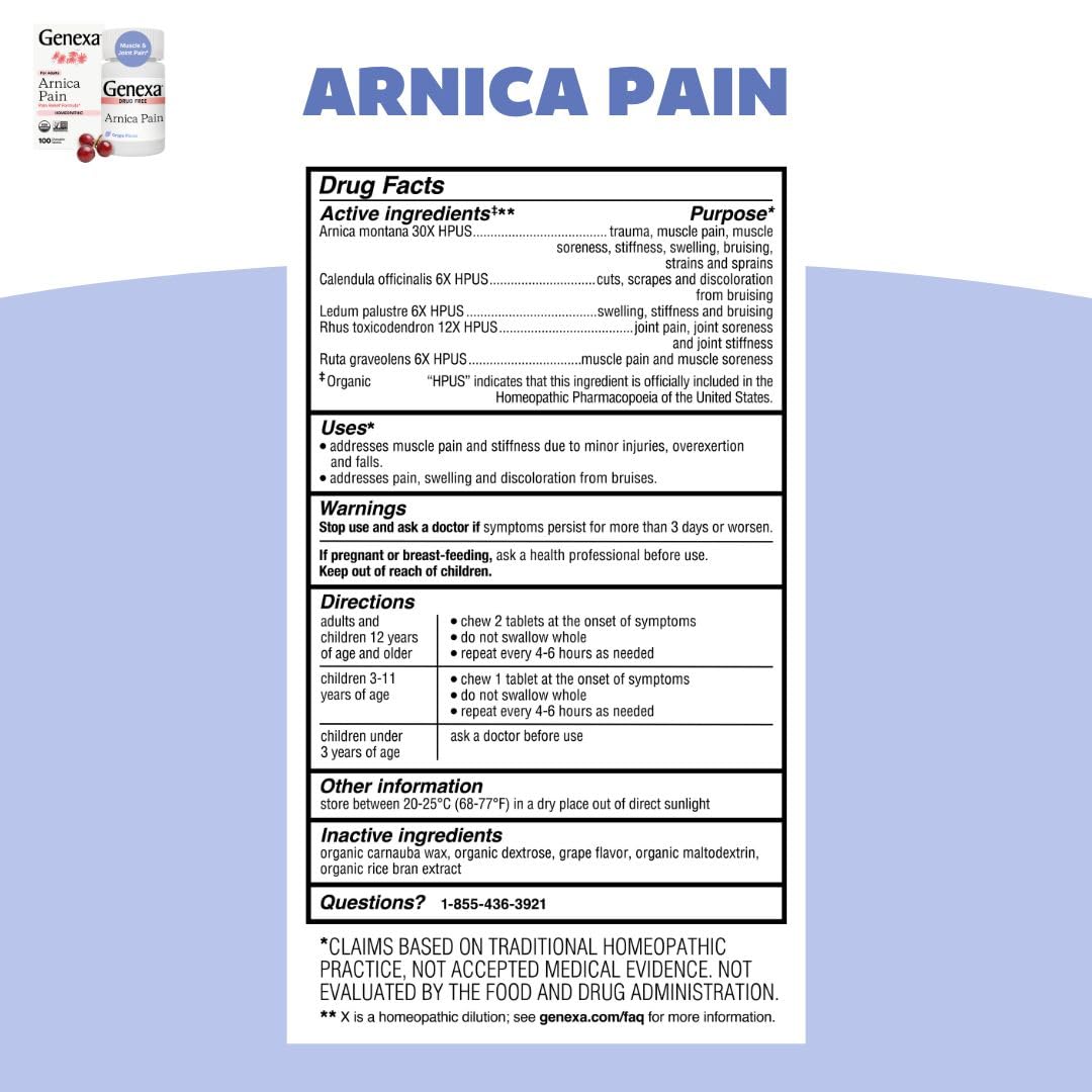 Genexa Adult Pain Relief Bundle | 500mg Acetaminophen Caplets + Homeopathic Arnica Chewables | Fast Relief for Headache, Joint & Muscle Pain | OTC + Homeopathic Combo | No Dyes or Artificial Additives Genexa Au supplements