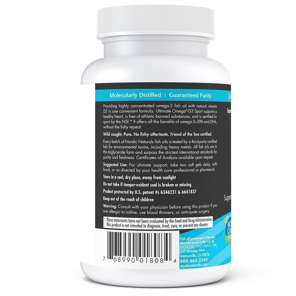 Nordic Naturals Ultimate Omega-D3 Sport, Lemon - 60 Soft Gels - 1480 mg Omega-3 + 1000 IU Vitamin D3 - NSF Certified - Supports Muscle, Bones, Focus & Endurance - 30 Servings Nordic Naturals Au supplements