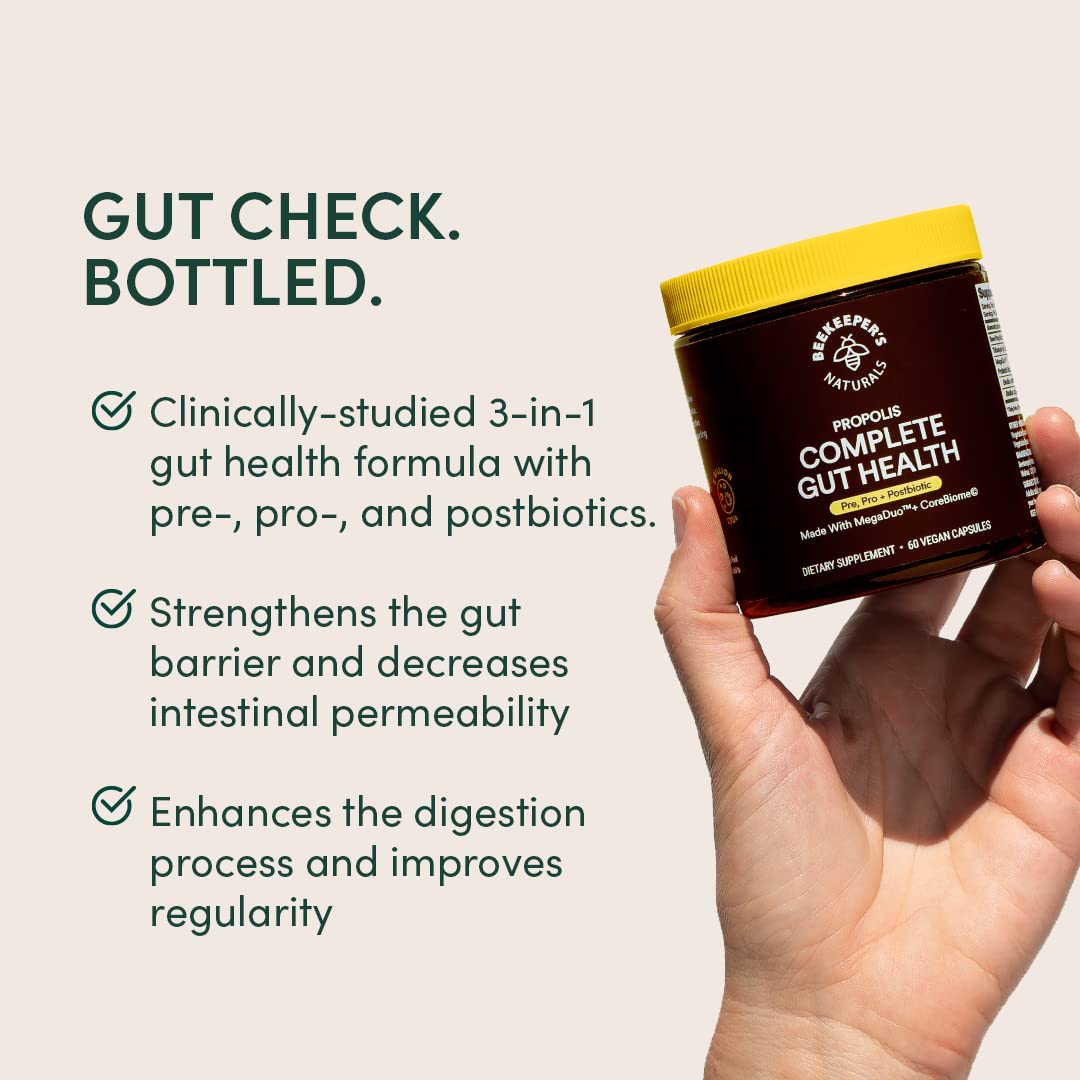 Complete Gut Health by Beekeeper's Naturals, 3-in-1 Prebiotic, Postbiotic, Probiotics for Digestive Health & Bloating Relief for Women & Men, Propolis Powered, Gluten-Free Vegan Capsules, 60ct Beekeeper's Naturals Au supplements