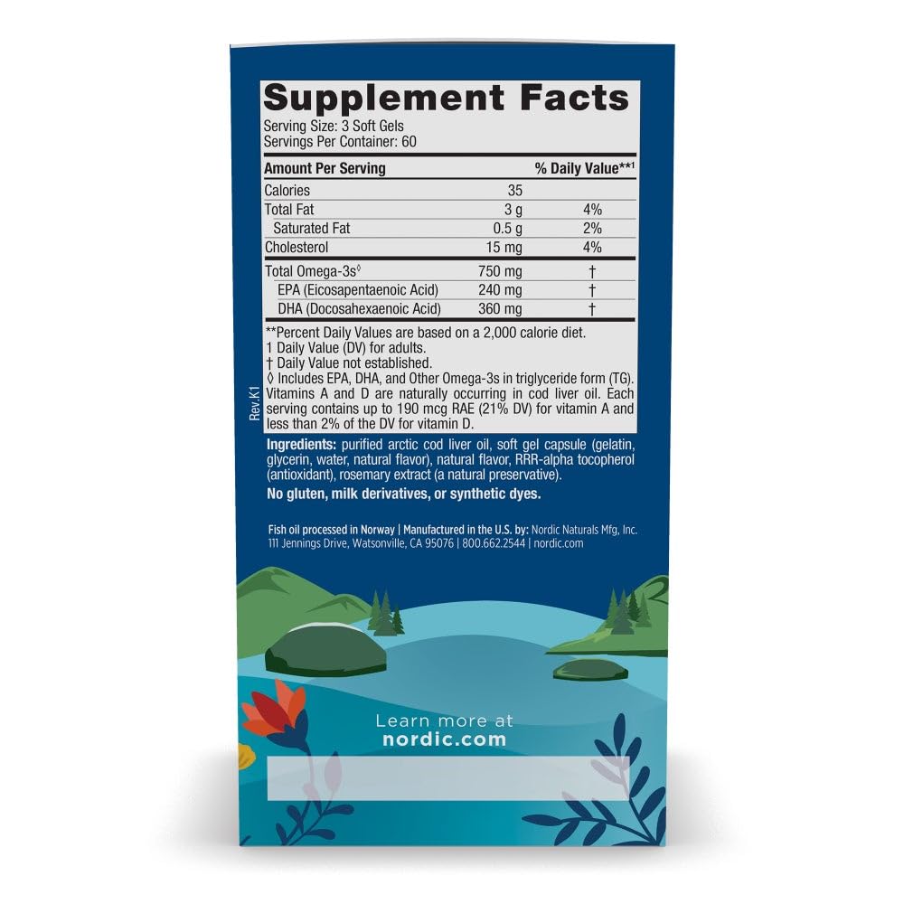 Nordic Naturals Arctic Cod Liver Oil, Lemon - 180 Soft Gels - 750 mg Total Omega-3s with EPA & DHA - Heart & Brain Health, Healthy Immunity, Overall Wellness - Non-GMO - 60 Servings Nordic Naturals Au supplements