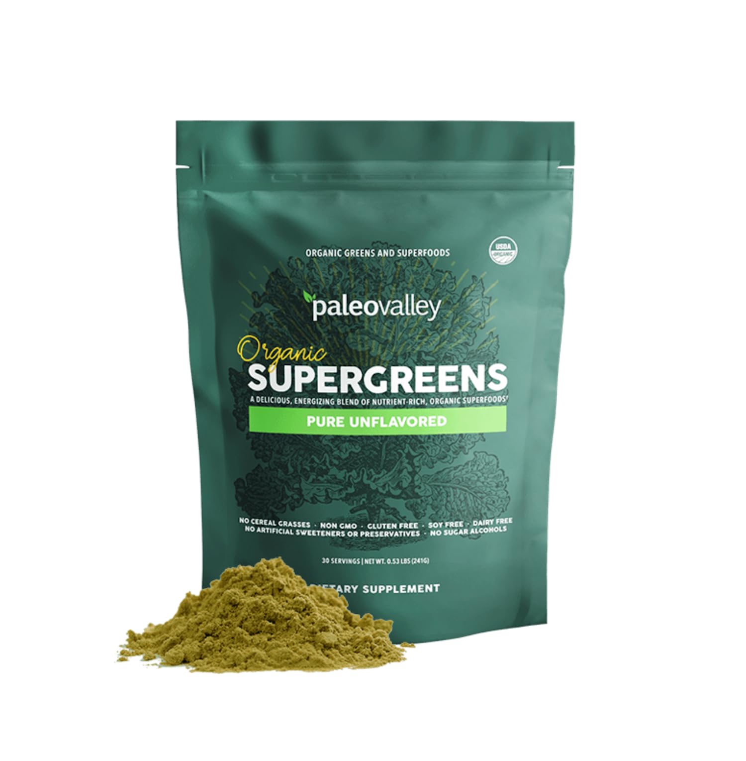 Paleovalley Organic Supergreens Powder - 23 Superfoods with Prebiotic Fiber for Energy and Immunity Support - No Cereal Grasses for Maximum Absorption - Pure Unflavored, 30 Servings Paleovalley Au supplements