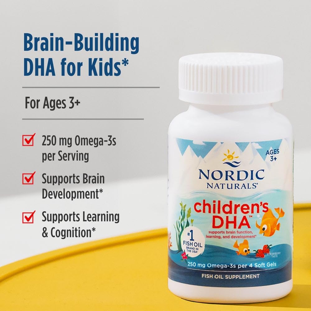 Nordic Naturals Children’s DHA, Strawberry - 120 Mini Chewable Soft Gels for Kids - 250 mg Omega-3 with EPA & DHA - Brain Development & Function - Non-GMO - 30 Servings (Pack of 2) Nordic Naturals Au supplements