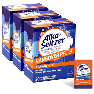 Alka-Seltzer Hangover Relief Tablets, Fast Relief Starts In About 15 Minutes for Headaches, Body Aches & Mental Fatigue, Bachelorette & Bachelor Party Packs 60 Count (3 Boxes, 20 Tablets Each) Alka-Seltzer Au supplements