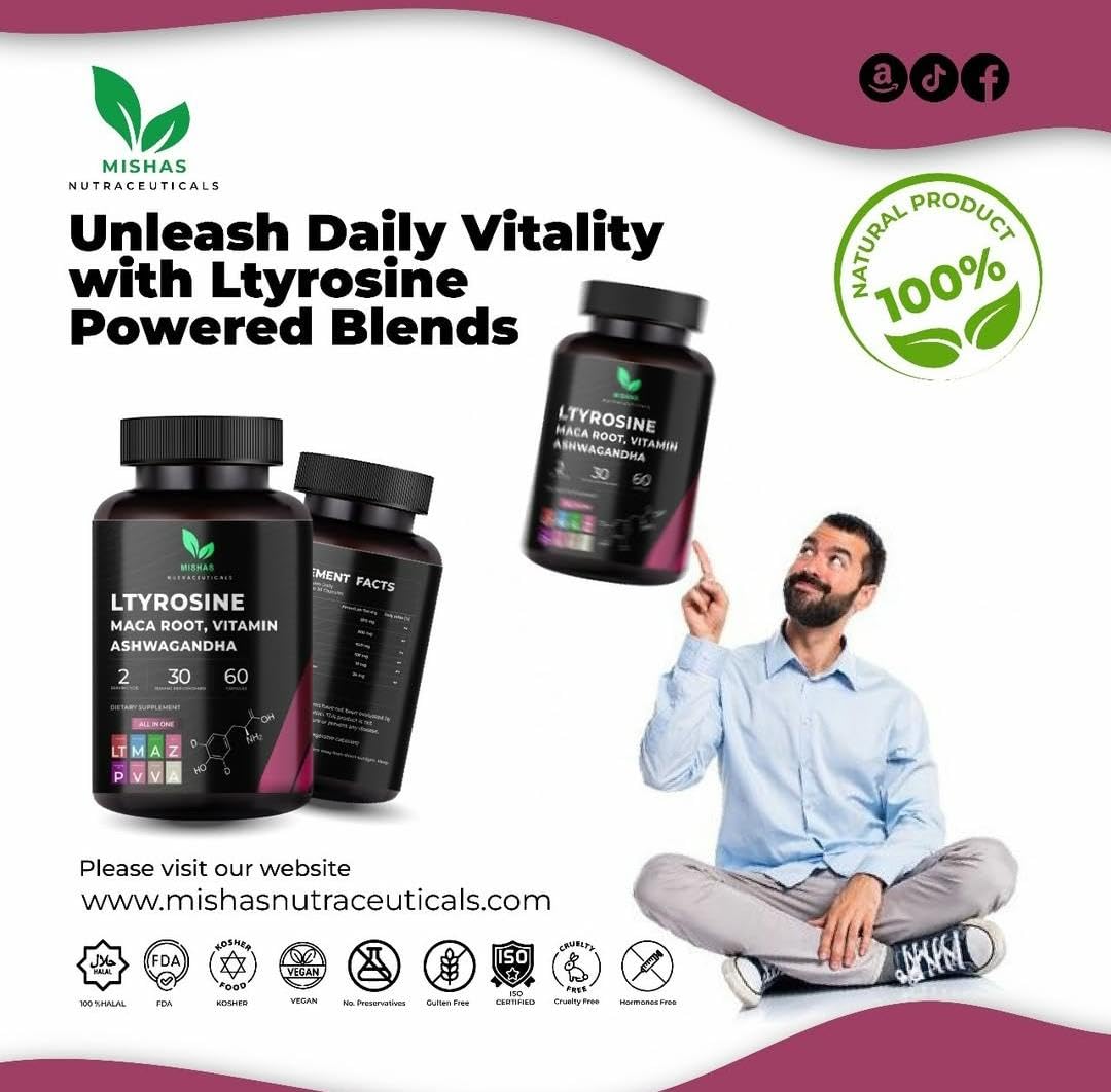 Mishas Nutraceuticals L-Tyrosine with Maca Root, Ashwagandha & Vitamins Complex – Energy, Mental Focus, Stress Relief & Immunity Support – 60 Capsules (30 Servings) Mishas Au supplements