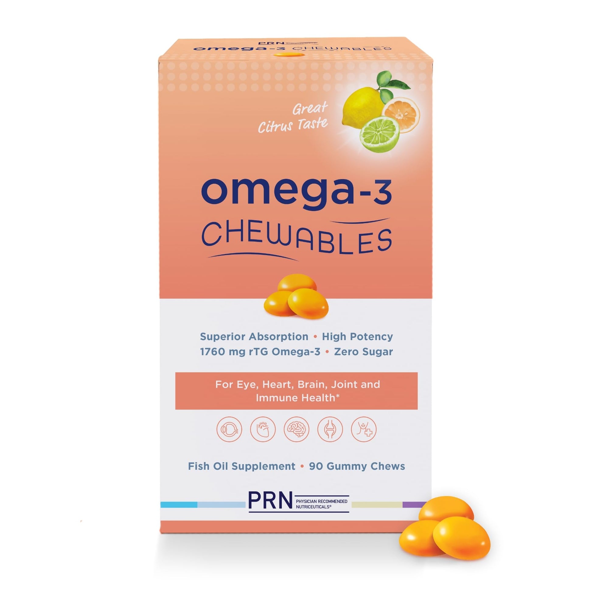 Omega 3 Gummy Chewables - 90 Gel Chews, 30-Day Supply, Citrus Flavor - 1760mg Ultra-Pure rTG Omega 3 for Eye, Heart, Brain, Joint & Immune Health PRN Physician Recommended Nutriceuticals Au supplements