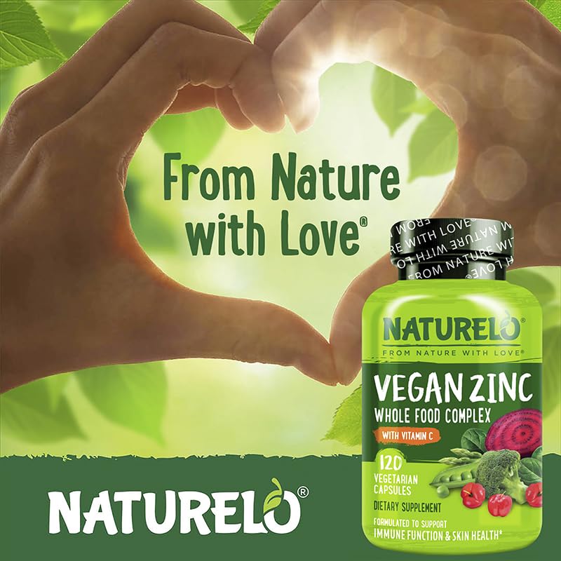 NATURELO Vegan Zinc Immune Support Capsules - Whole Food Complex with Vitamin C for Healthy Skin, Hair, and Nails - 120 Capsules NATURELO Au supplements