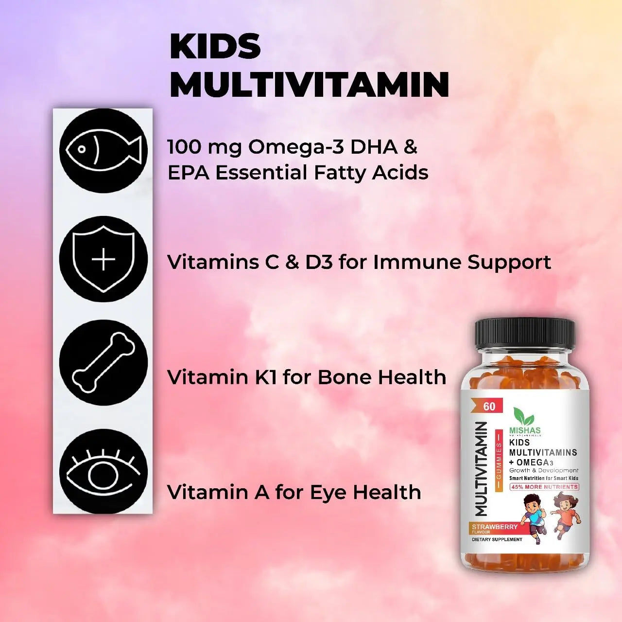 Mishas Nutraceuticals Kids Multivitamin Gummies with Omega 3 Fish Oil (EPA/DHA), Vitamin D3, C, B12, B6, Vitamin A, K & Zinc Immune Support Mishas Au supplements