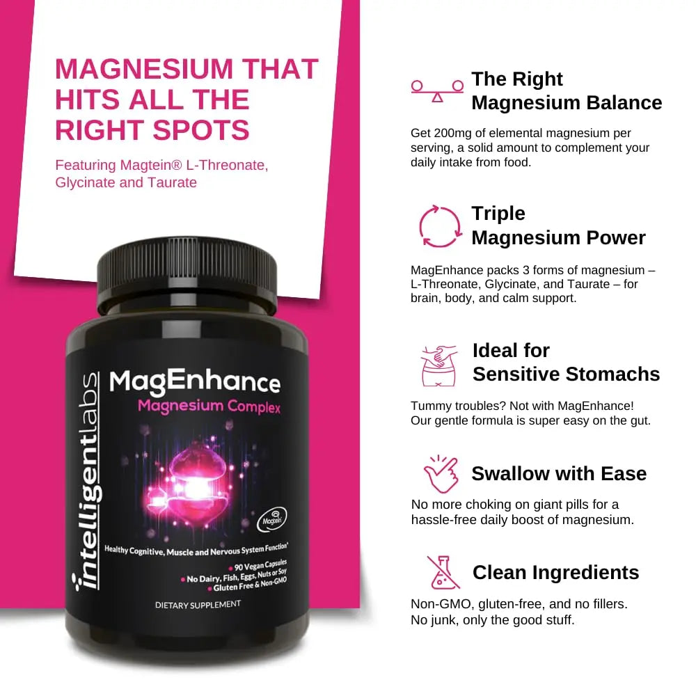 Intelligent Labs MagEnhance Magtein Magnesium Complex Supplement L-Threonate with Magnesium Glycinate and Taurate, 90 Capsules Intelligent Labs Au supplements