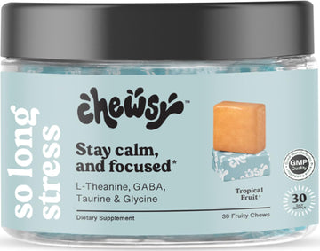 Chewsy So Long Stress, Calm Fruity Chews, Stay Calm & Focused. w/L-theanine, Amino Acid, GABA, Glycine, Tyrosine, Taurine & Magnesium. Non-GMO and Gluten-Free. Tropical Fruity Chews, 30-Day Supply CHEWSY Au supplements