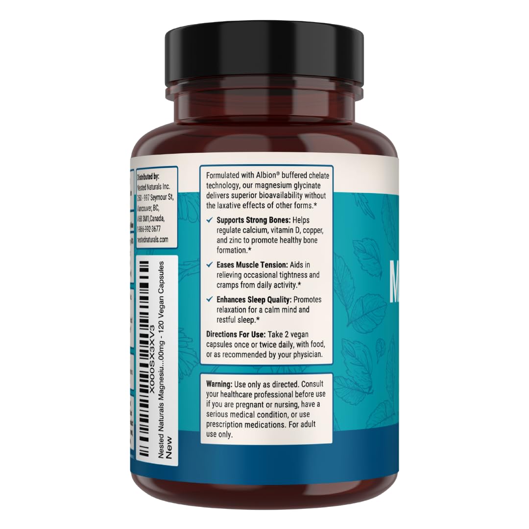 Nested Naturals Magnesium Glycinate Chelate - 200mg Chelated Magnesium Supplement for Muscle Cramps, Relaxation, & Sleep Support - 100% Albion TRACCS Buffered Magnesium Glycinate - 120 Vegan Capsules Nested Naturals Au supplements