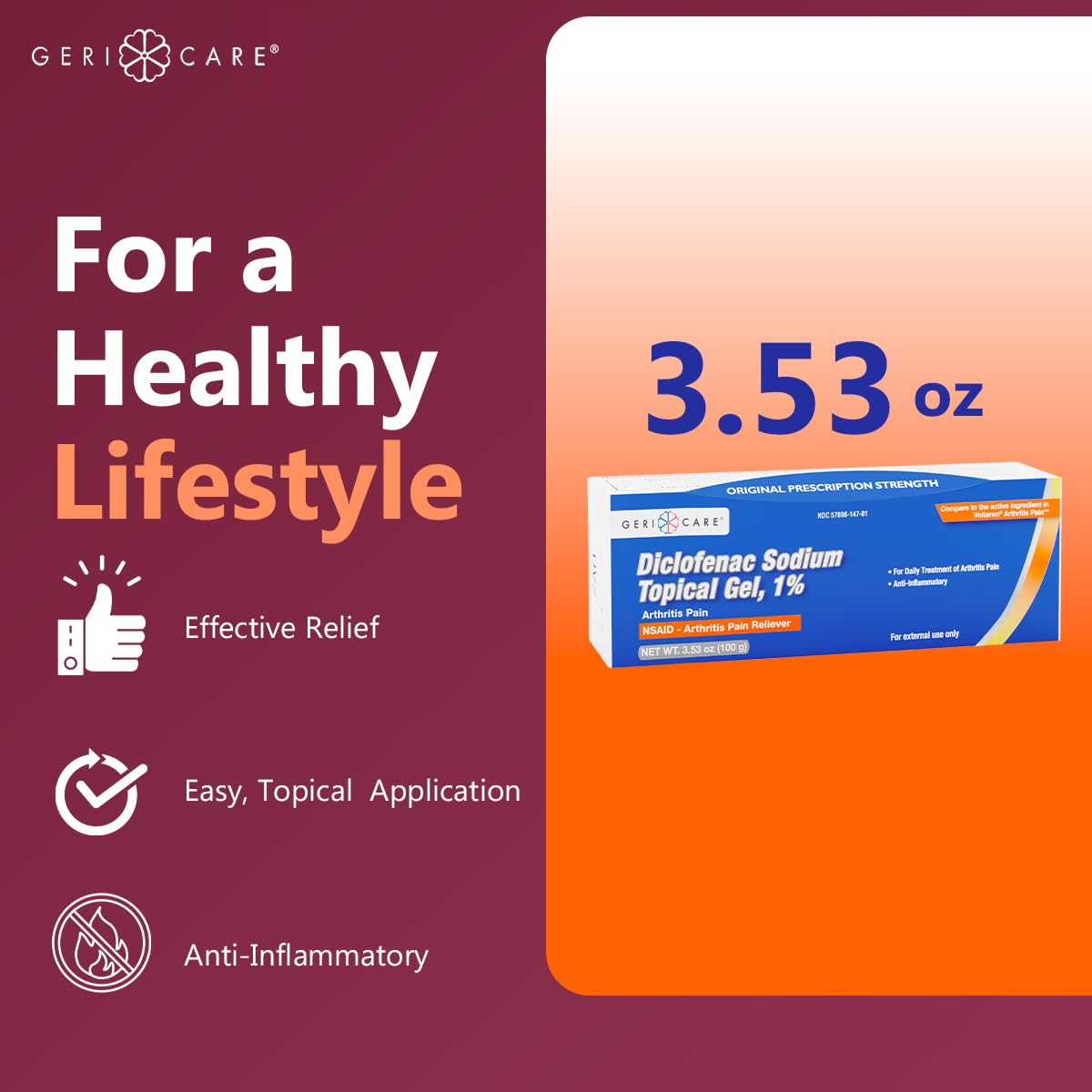 Topical Arthritis Pain Relief Gel Diclofenac Sodium 1% (NSAID) by GeriCare- Hand Wrist Elbow Foot Ankle Knee Extra-Strength Arthritis Pain Reliever- Anti-inflammatory Arthritis Pain Treatment- 3.53oz GeriCare Au supplements