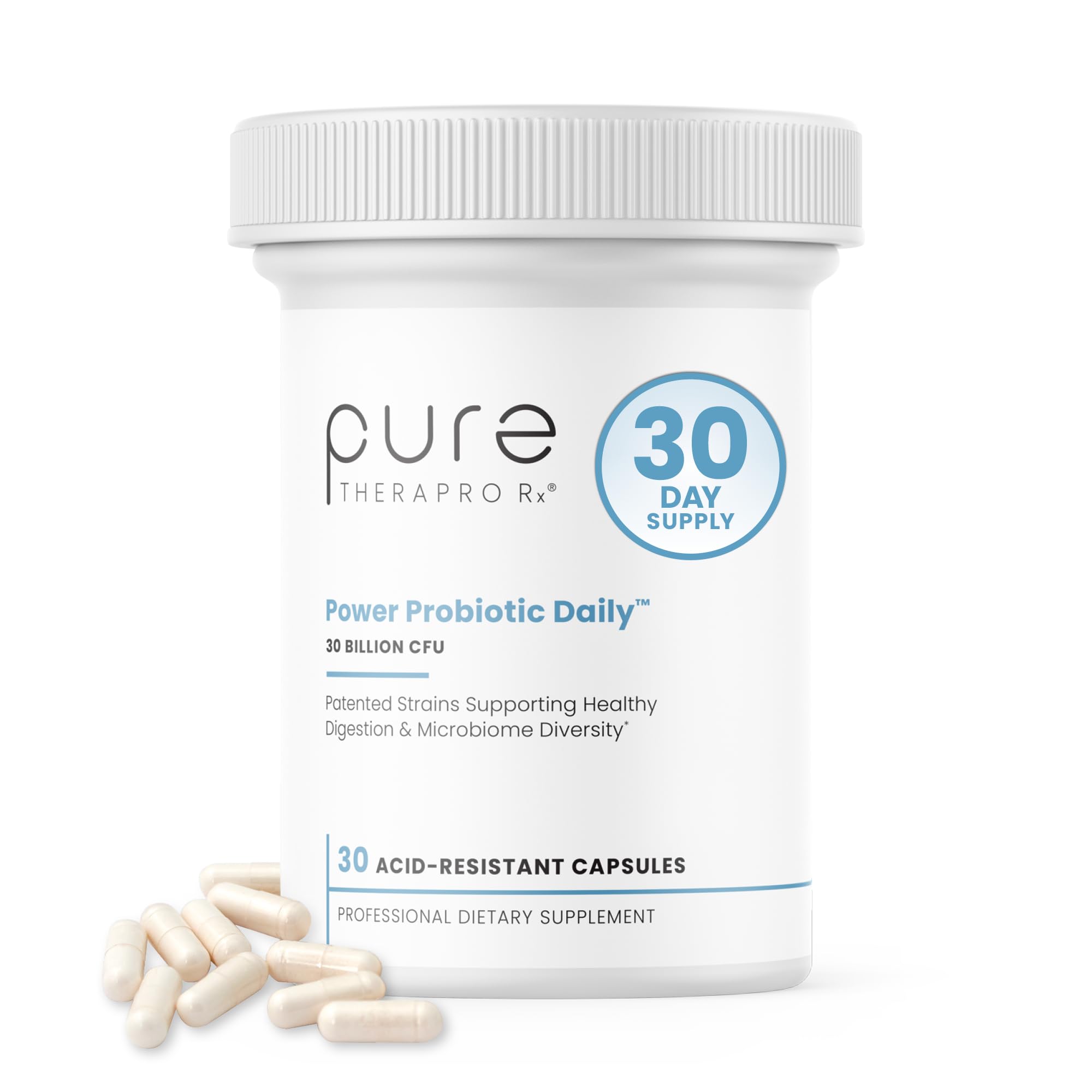 Pure Therapro Rx Power Probiotic Daily - 30 Acid-Resistant Capsules | 4 Proven Strains - 30 Billion CFU/Capsule | Patented Activ-Vial Desiccant Bottle to Ensure Freshness | NO Refrigeration Required Pure Therapro Rx Au supplements