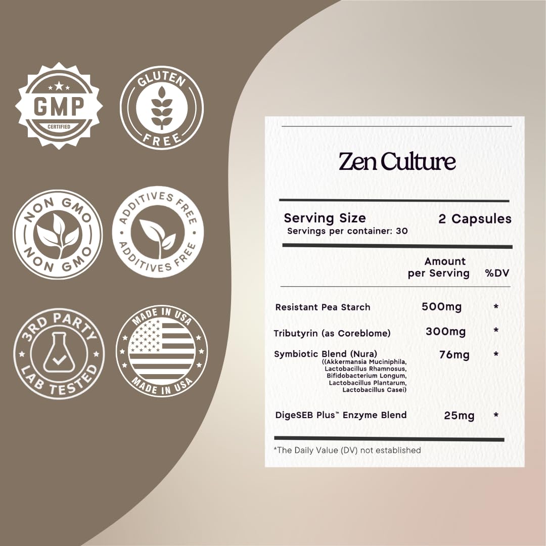 Zen Principle Zenculture™ – 4-in-1 Synbiotic Supplement (Probiotic + Prebiotic + Postbiotic + Digestive Enzymes) with CoreBiome®. Anti Bloating, Immune & Brain-Gut Health. 60 Capsules Zen Principle Au supplements
