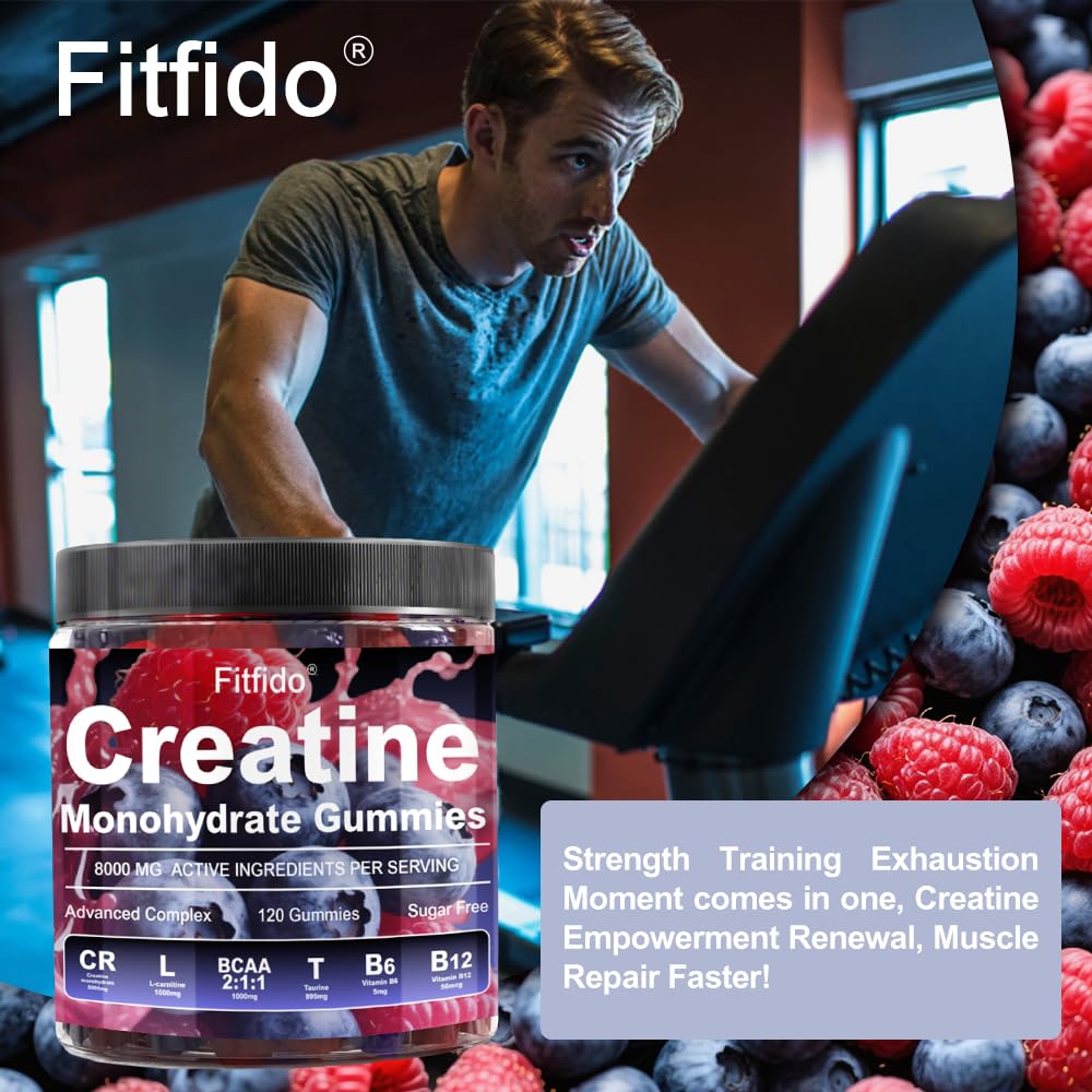 Creatine Monohydrate Gummies Complex 8000mg for Men and Women, Containing L-carnitine & Taurine, Build Muscle, Boost Energy, Faster Recovery, Sugar Free & Vegan, Raspberry & Blackberry, 120 Count Fitfido Au supplements