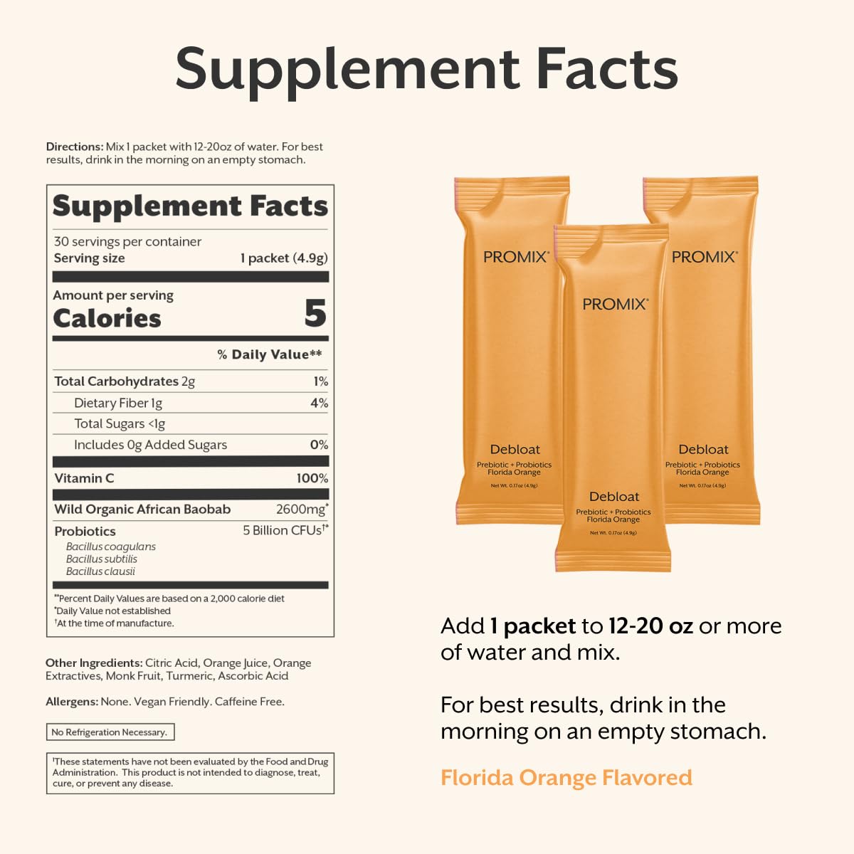 ProMix Nutrition Debloat Prebiotics and Probiotics with Baobab - Rich in Vitamin C, Bloating Relief, Immune Support - Orange - 30 Servings (Pack of 30) ProMix Nutrition Au supplements