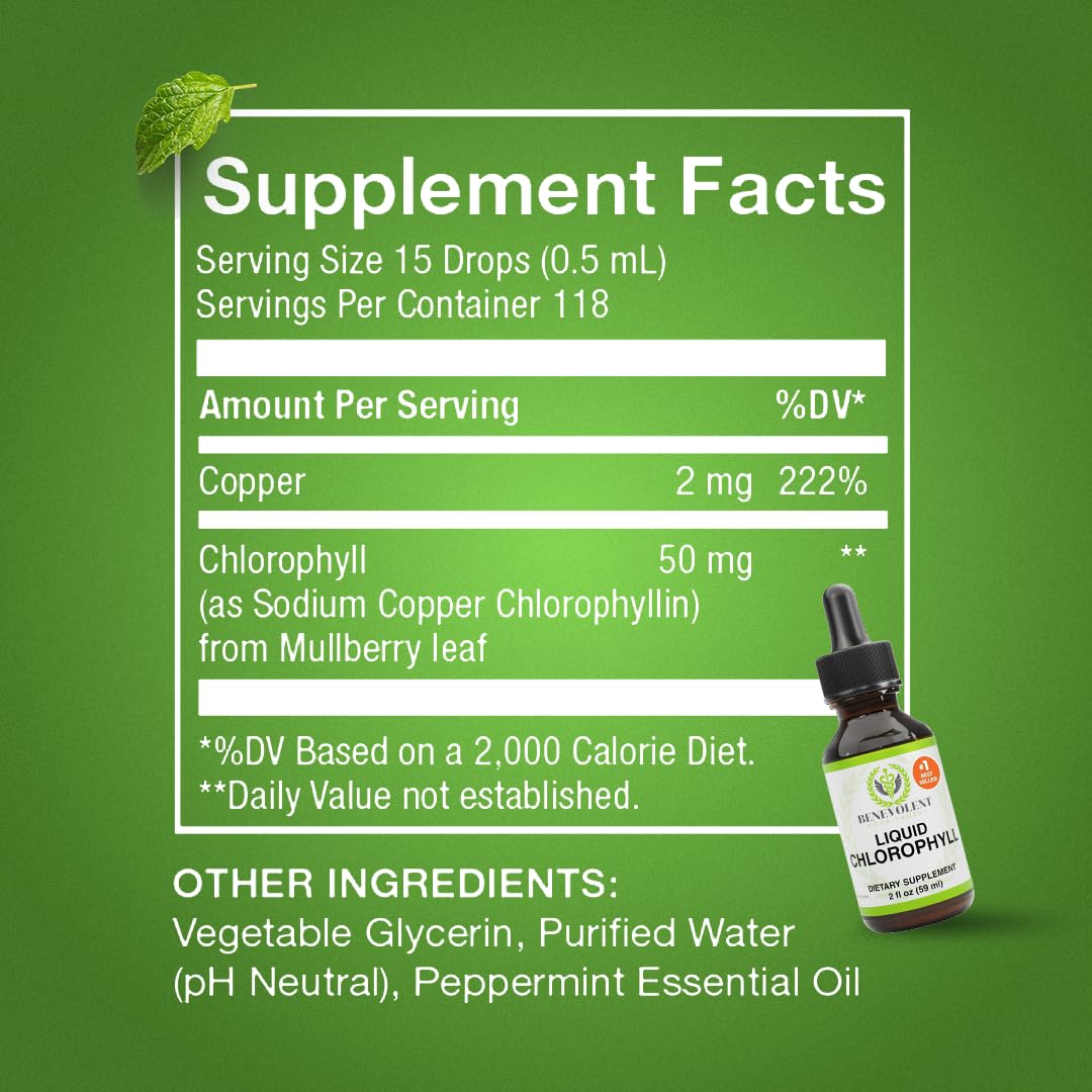 Benevolent Nourishment Chlorophyll Supplement, Detox & Immune Support, Internal Deodorizer, Liquid Drops