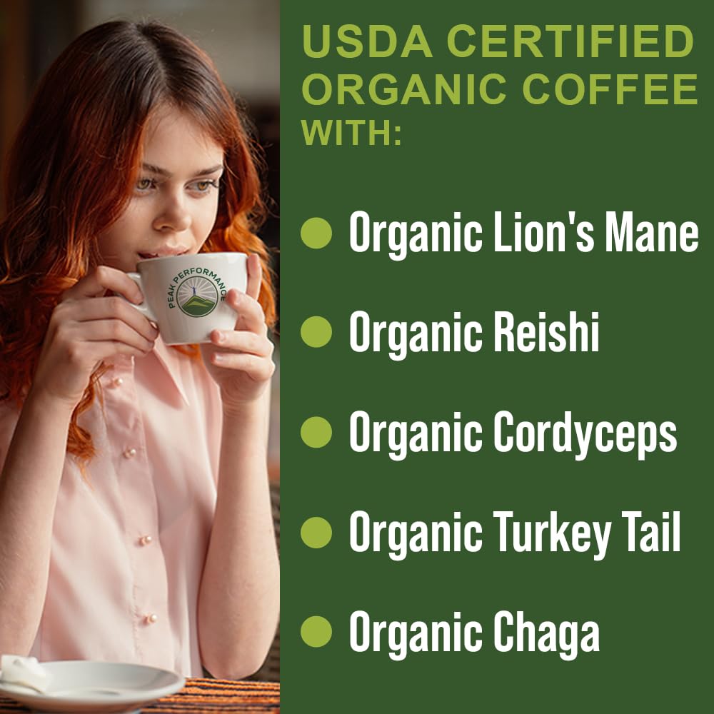 Organic Mushroom Coffee Pods with Lion's Mane, Reishi, Cordyceps, Turkey Tail, and Chaga Mushrooms. High Altitude, Low Acid, Smooth Tasting, Fair Trade, Instant Nootropic Coffee (Medium Roast Ground) Peak Performance Au supplements