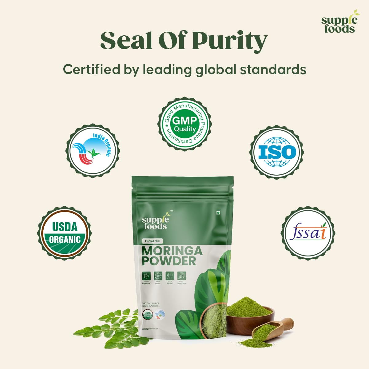 supplefoods Organic Moringa Powder 200 g / 7.05 oz | 100% Natural Green Superfood | Assists Digestion & Daily Detox | Finely Milled Moringa Leaf Powder | USDA Certified Organic Dietary Supplement supplefoods Au supplements