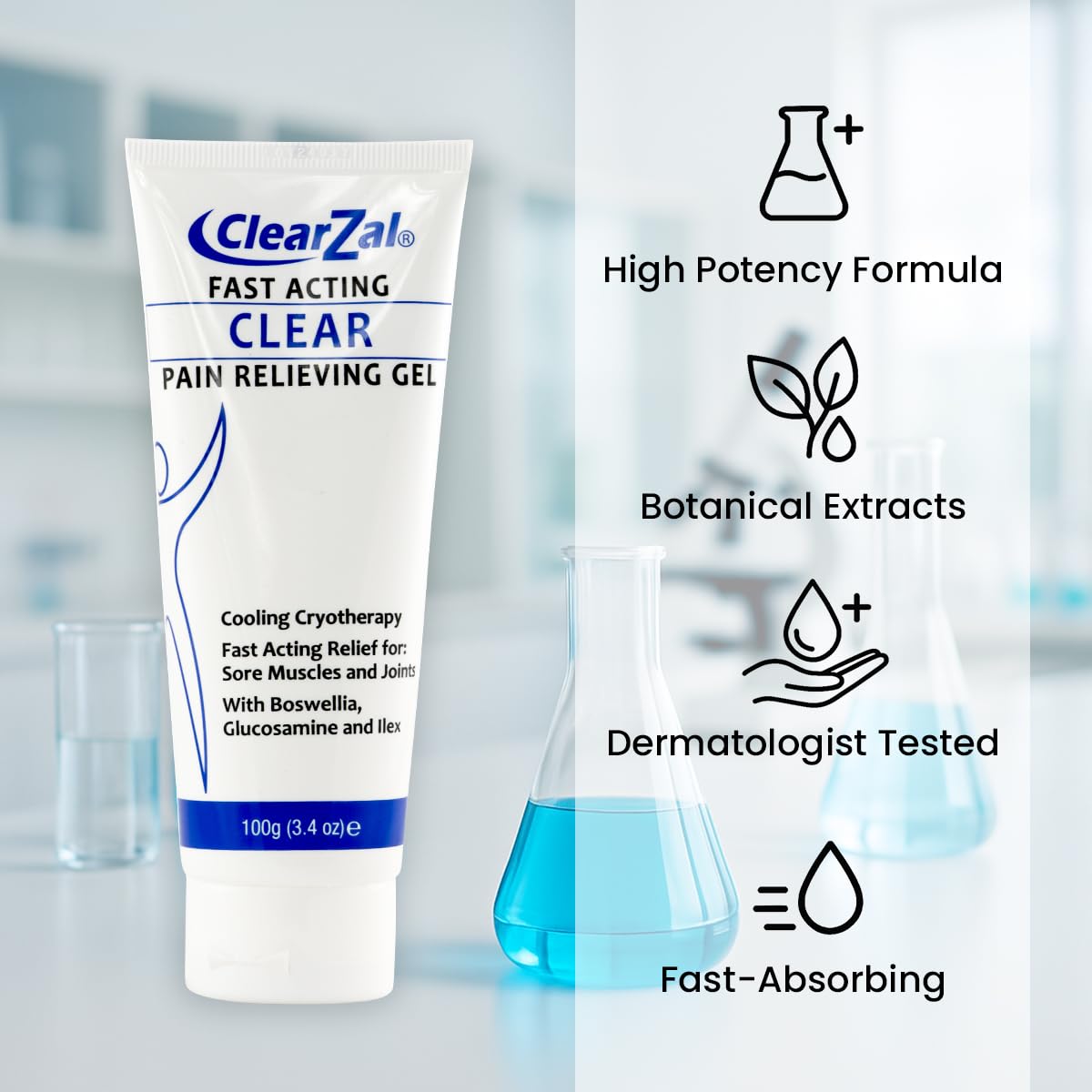 ClearZal Fast Acting Clear Pain Relieving Gel with Cooling Cryotherapy, Boswellia and Glucosamine for Sore Muscles and Joints, Soothing Cooling Gel 3.4 oz Clearzal Au supplements