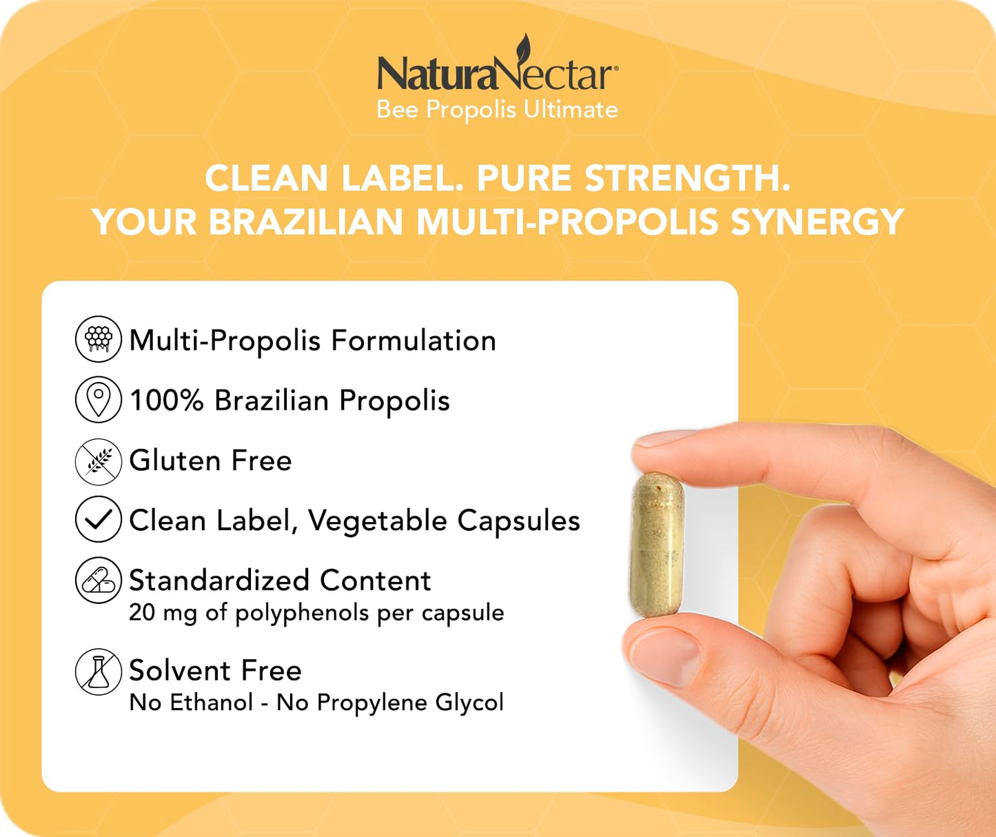 NaturaNectar - Ultimate Bee Propolis Capsules - NSF Contents Certified -Brazilian Red, Brown, & Green - Gluten-Free Supplement with Flavonoids - Naturally Sourced Through Ethical Beekeeping (60pcs.) NaturaNectarAu supplements