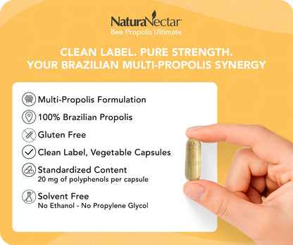 NaturaNectar - Ultimate Bee Propolis Capsules - NSF Contents Certified -Brazilian Red, Brown, & Green - Gluten-Free Supplement with Flavonoids - Naturally Sourced Through Ethical Beekeeping (60pcs.) NaturaNectarAu supplements