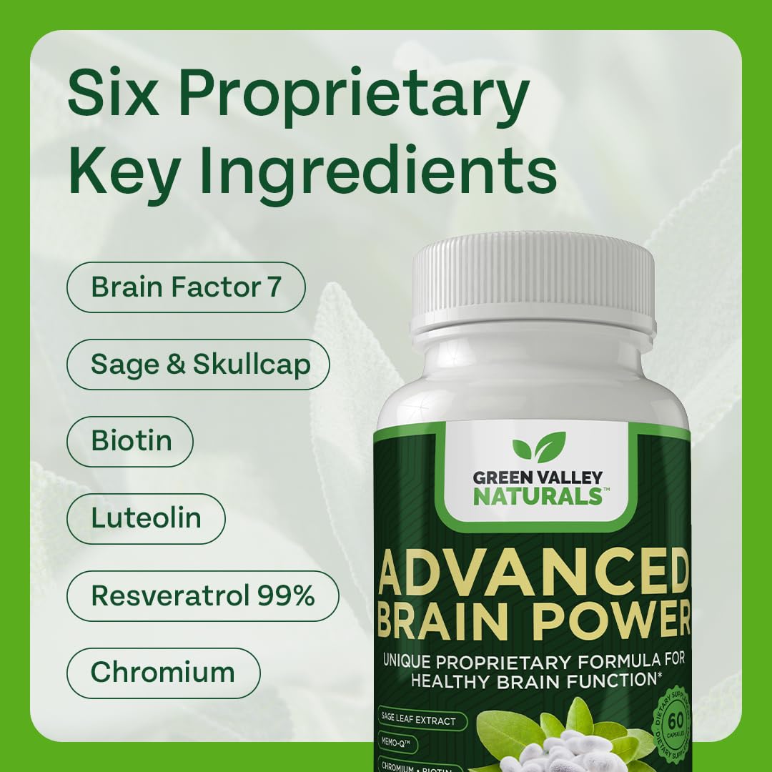 GREEN VALLEY NATURALS - Advanced Brain Power - Supports Healthy, Normal Brain Function, Focus and Concentration, clinically formulated to Support Healthy Brain Clarity. (1 Bottle, 60, Count) GREEN VALLEY NATURALS Au supplements