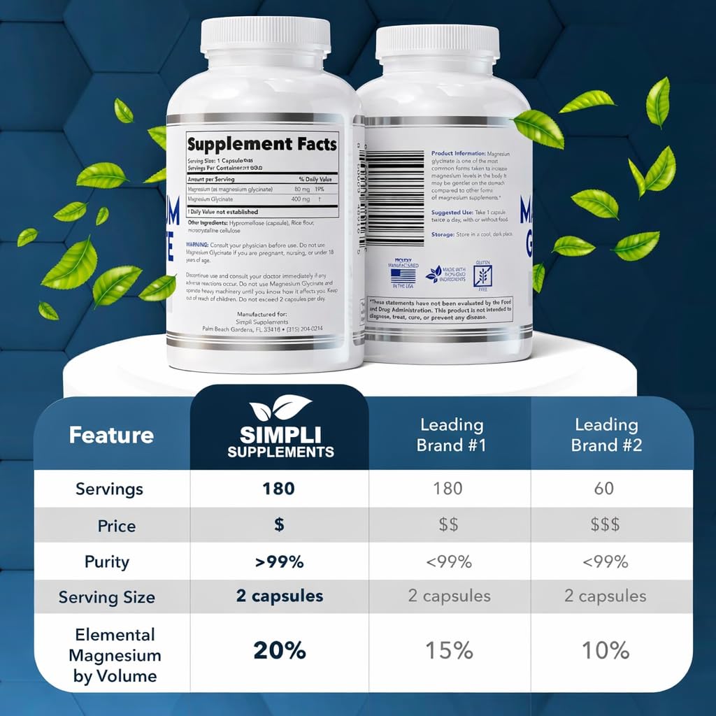 Magnesium Glycinate 400mg per Serving – High Absorption – Gentle on Stomach – Supports Sleep, Relaxation, Muscle, Bone & Immune Health – Non-GMO, Vegan, 180 Capsules Simpli Supplements Au supplements