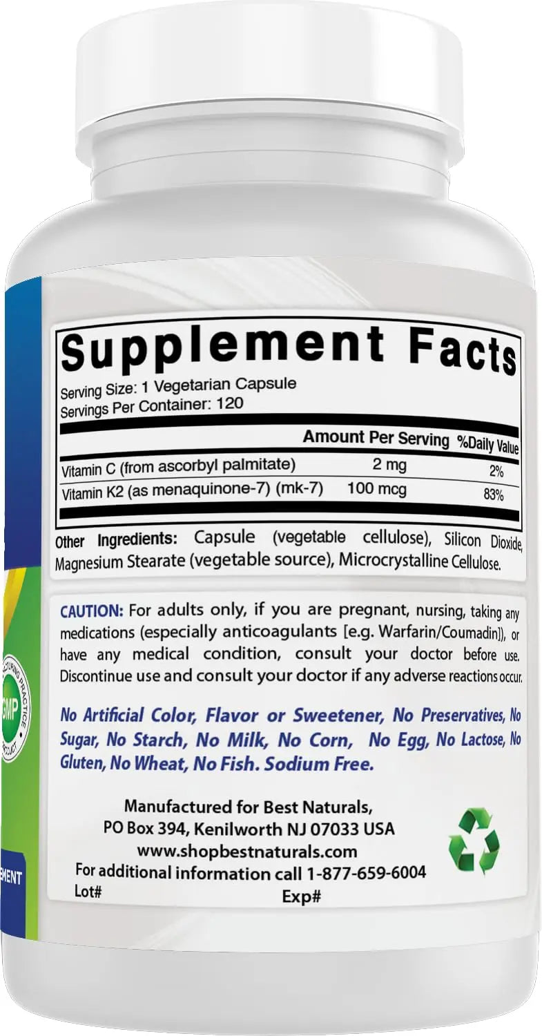 Best Naturals MK-7 Vitamin K2 100 mcg 120 Vcaps Best Naturals Au supplements