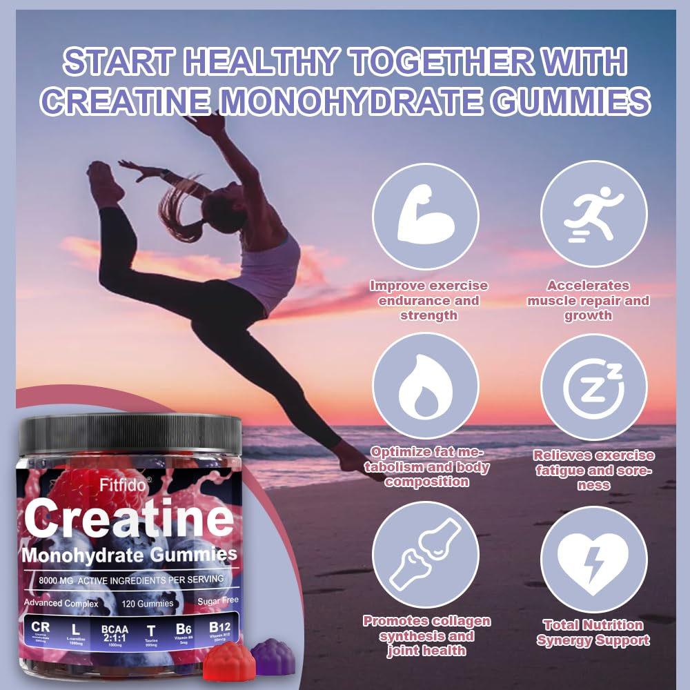 Creatine Monohydrate Gummies Complex 8000mg for Men and Women, Containing L-carnitine & Taurine, Build Muscle, Boost Energy, Faster Recovery, Sugar Free & Vegan, Raspberry & Blackberry, 120 Count Fitfido Au supplements