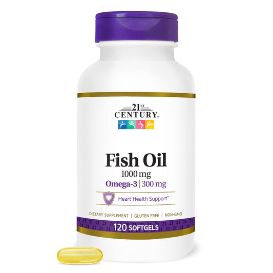 21st Century Fish Oil 1000 mg Softgels, (300 Count), Molecularly Distilled, Omega 3 Supplement with EPA & DHA, Purified to Eliminate Mercury, Supports Cardiovascular Health, Gluten Free & Non-GMO 21st CenturyUS supplements