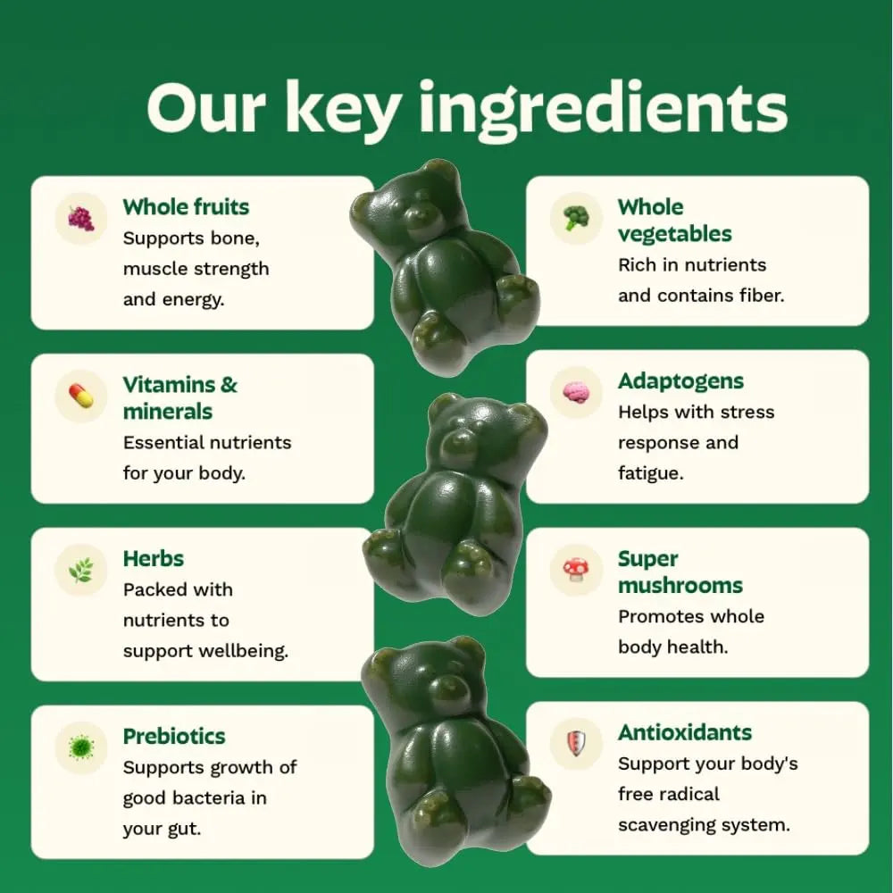 Gruns Adults Super Greens Gummies, Multivitamin Superfood Gummy Bears, Spirulina, Chlorella, Prebiotics & Fiber Gummies for Digestive Health Grüns Au supplements