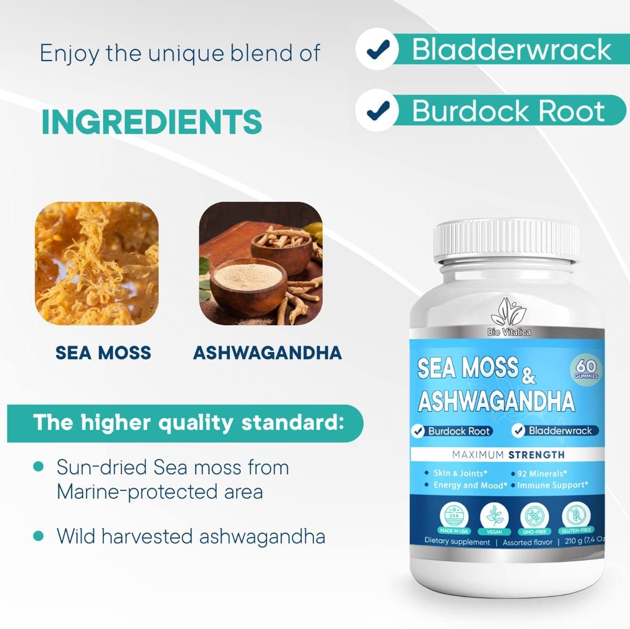 BIO VITALICA Sea Moss Ashwagandha Gummies - Organic Irish Seamoss & Ashwagandha Root Supplements for Supporting Energy for Men & Women, 60 Vegan Gummies BIO VITALICA Au supplements