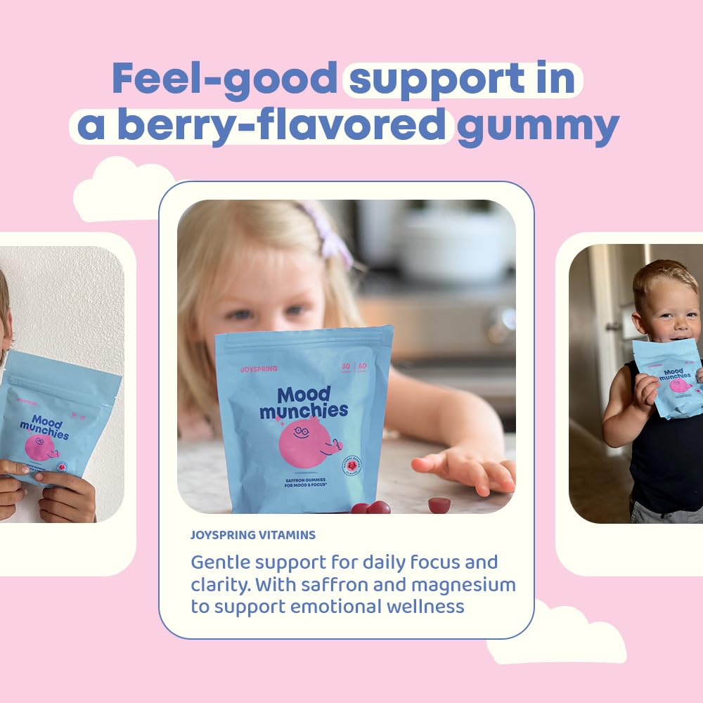 JoySpring Mood Munchies Saffron Gummies for Kids 4+ | Saffron Extract Supplement with GABA, Passion Flower & St Johns Wort | Sugar Free Vegan Brain Support & Kids Focus Gummies | Crafted in USA JoySpring Au supplements