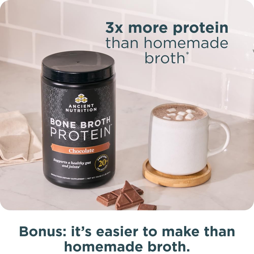 Ancient Nutrition Protein Powder Made from Real Bone Broth, Chocolate, 20g Protein Per Serving, 20 Serving Tub, Gluten Free Hydrolyzed Collagen