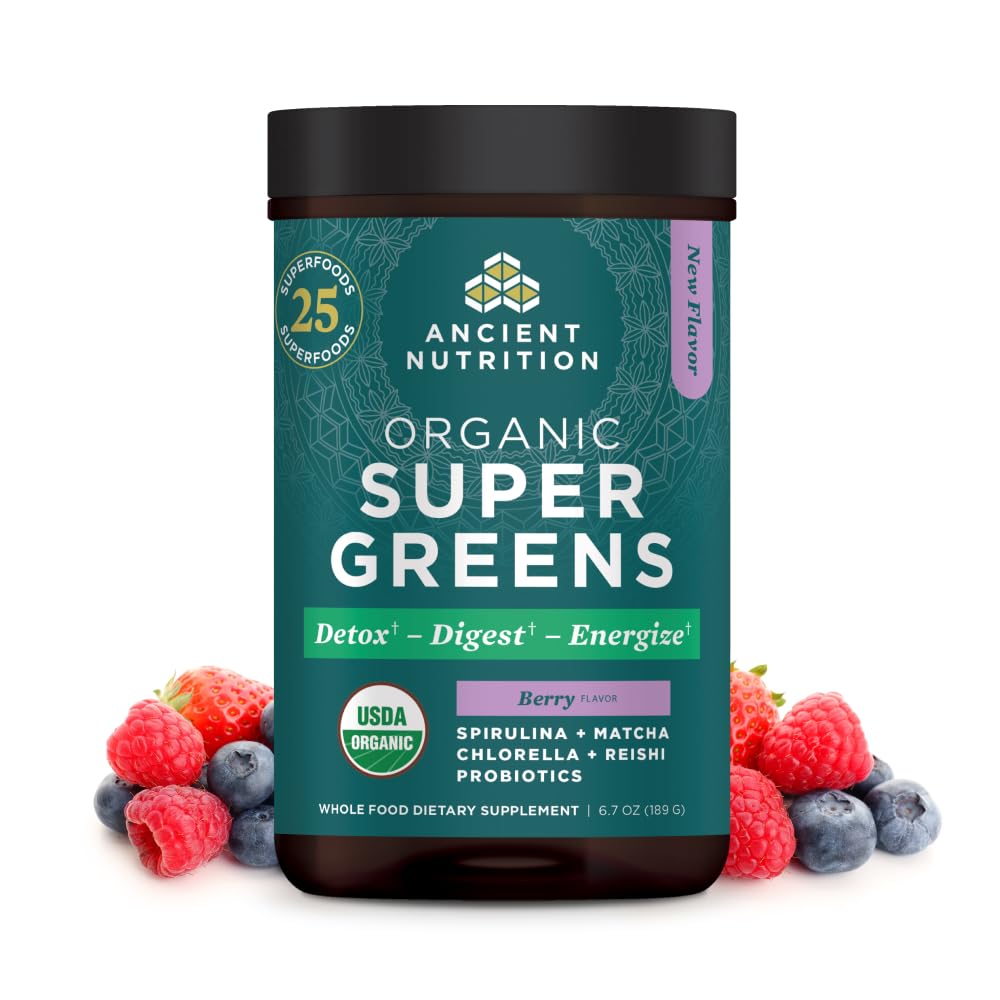 Ancient Nutrition SuperGreens Powder with Probiotics, Organic Berry Flavor Greens, Made from Real Fruits, Vegetables and Herbs, Digestive and Energy Support, 25 Servings, 6.7oz Ancient Nutrition Au supplements