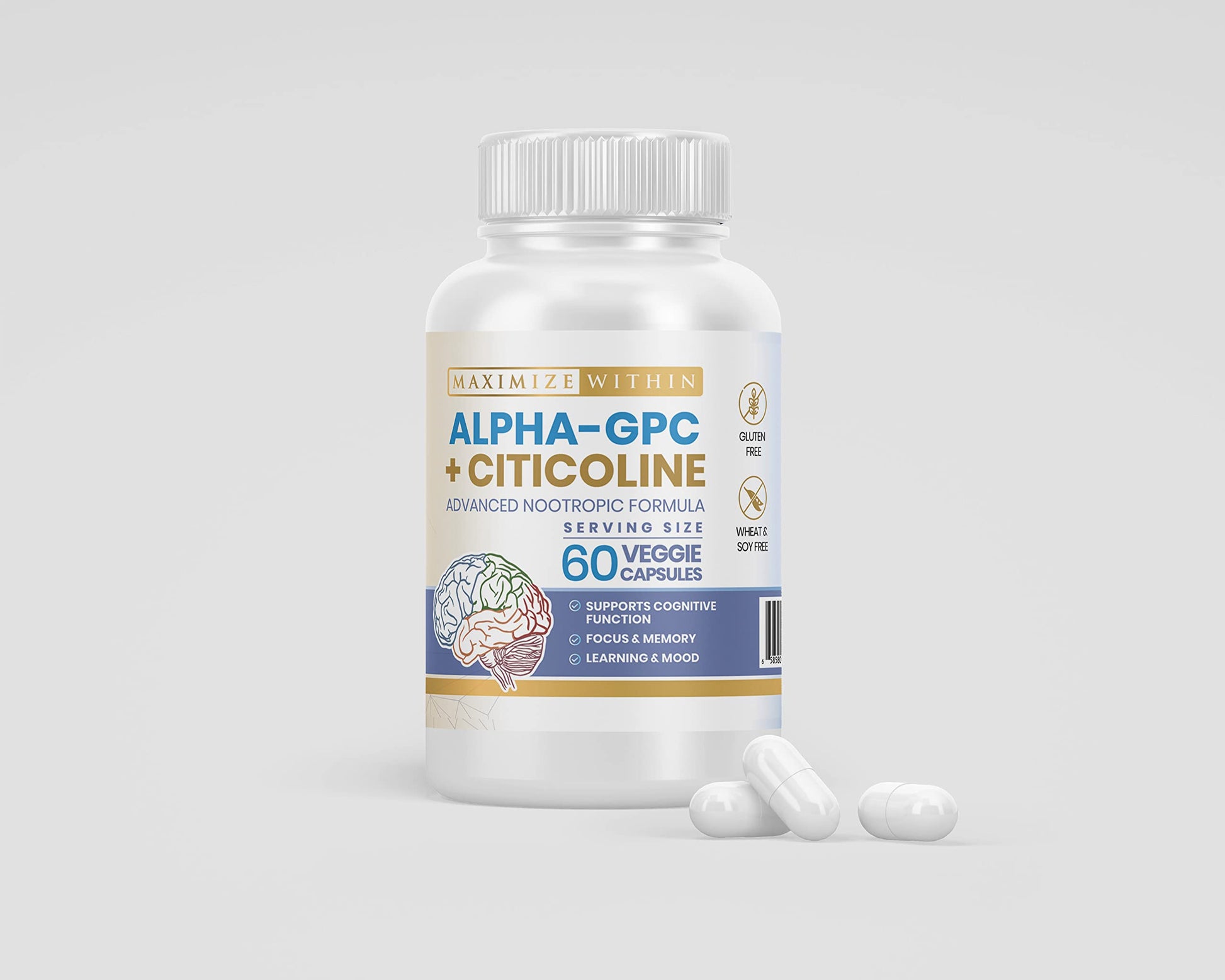 Maximize Within Alpha GPC + Citicoline 60 Ct, 1600mg Concentrated Formula- 99%+Highly Purified & Bioavailable Nootropic-Cognitive Enhancer, Supports Memory, Brain Function, Boosts Focus, Mood & Energy Maximize Within Au supplements