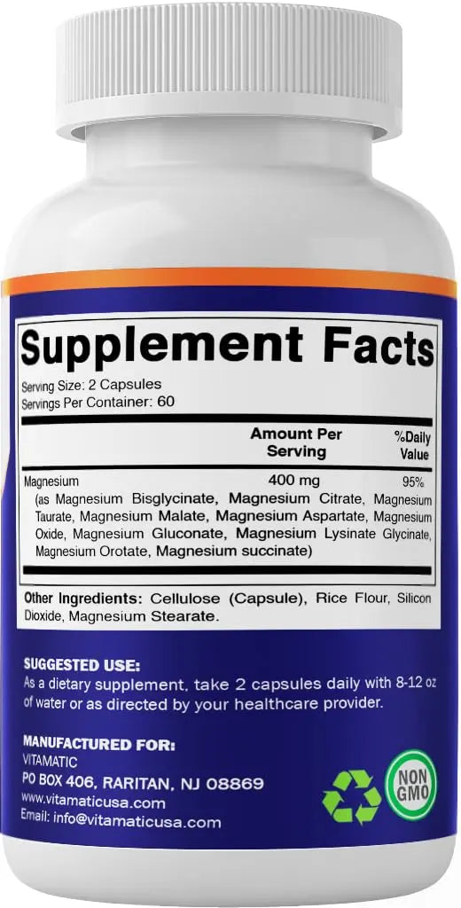 Vitamatic Magnesium Complex, 400mg Elemental MG (as Bisglycinate, Citrate, Taurate, Malate, Aspartate, Oxide, Gluconate, Lysinate Glycinate, Orotate, Succinate) – 120 Capsules Vitamatic Au supplements