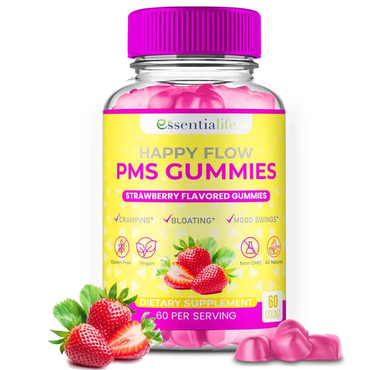 PMS Gummies - Happy Flow PMS Support Supplement for Women - Strawberry PMS Relief Supplement with Vitamin B6 for Hormone Balance, Period Support, Cramps, Hormonal Acne & Bloating Relief (60 Count) EssentialifeAU supplements