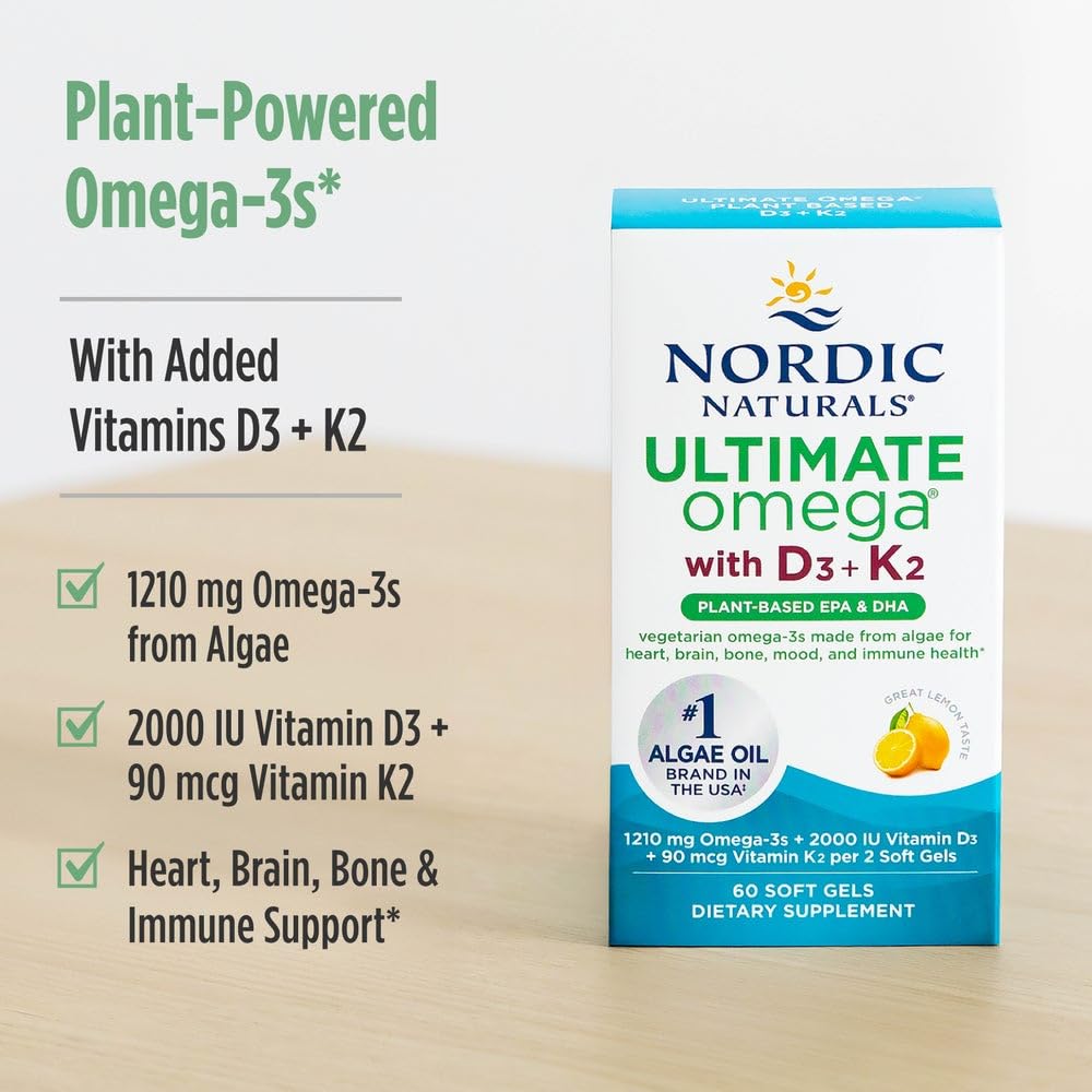 Nordic Naturals Ultimate Omega Plant Based Vitamin with Vitamin D3+K2-60 Vegetarian Soft Gels - 1210 mg Omega-3s Plus 2000 IU D3 and 90 mcg K2 - Promotes Brain Health - Non GMO - 30 Servings Nordic Naturals Au supplements