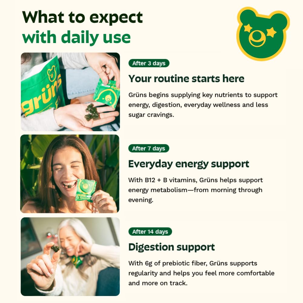 Gruns Adults Super Greens Gummies, Multivitamin Superfood Gummy Bears, Spirulina, Chlorella, Prebiotics & Fiber Gummies for Digestive Health, Adaptogens Supplement, 20 Vitamins & Minerals, 10 Count Grüns Au supplements