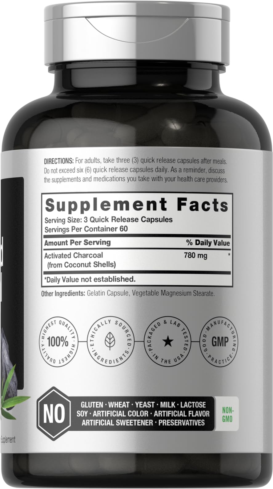 Charcoal Pills 780mg | 180 Capsules | Activated Charcoal from Coconut Shells | Non-GMO Horbäach Au supplements