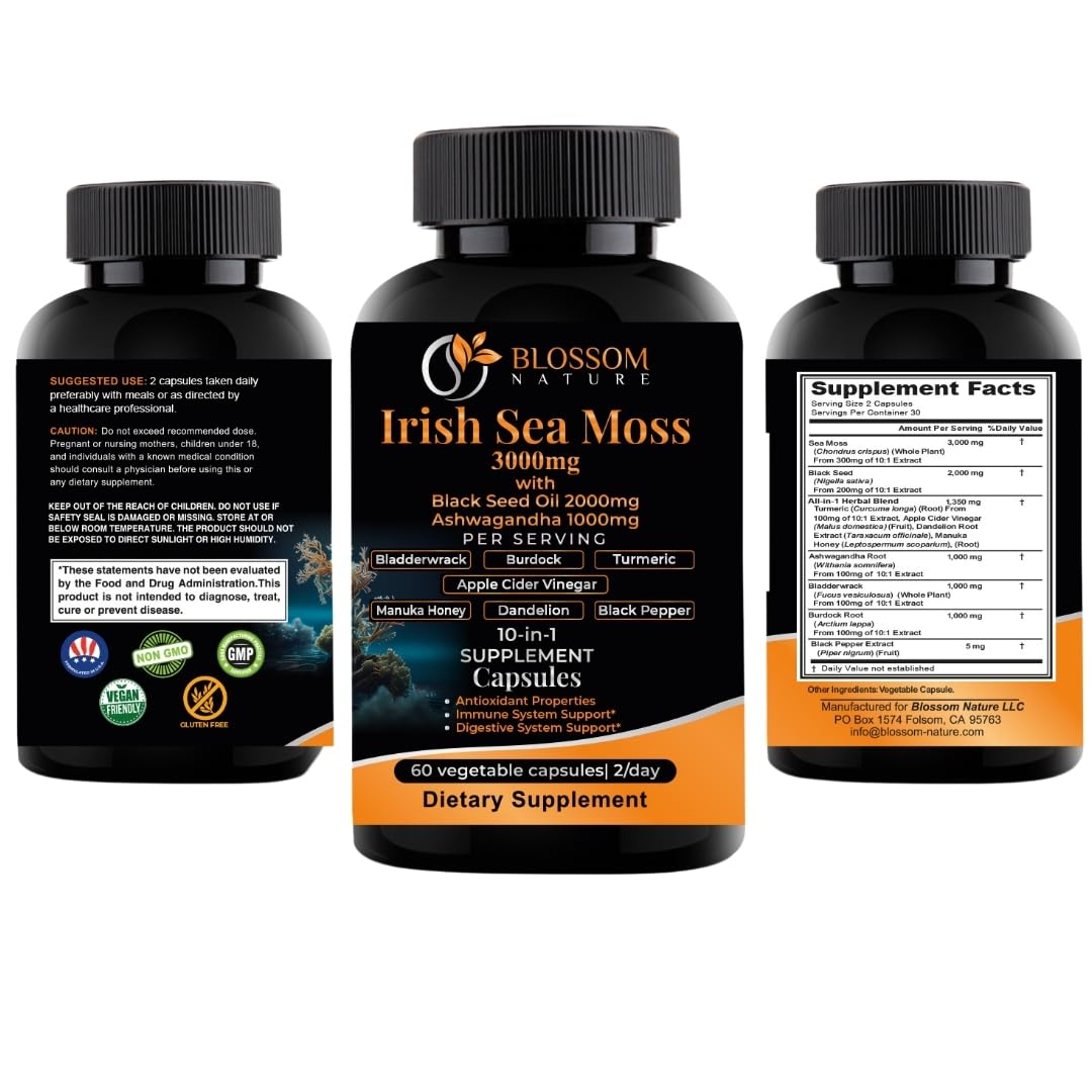 10-in-1 Irish Sea Moss Veggie Caps 3000mg Black Seed Oil Ashwagandha Bladderwrack Burdock Turmeric Apple Cider Vinegar Manuka Honey Dandelion Black Pepper - Made in US(Veggie Caps, Unflavored) Blossom Nature Au supplements