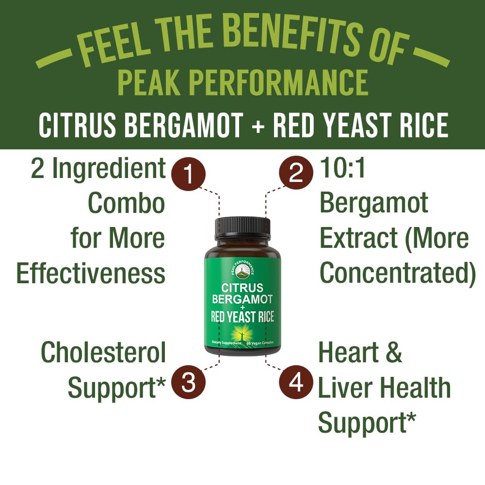 Citrus Bergamot + Red Yeast Rice. 2-in-1 Supplement. High Strength 10:1 Bergamot Extract. No Gluten, Zero Sugar, Vegan Capsules Peak Performance Au supplements