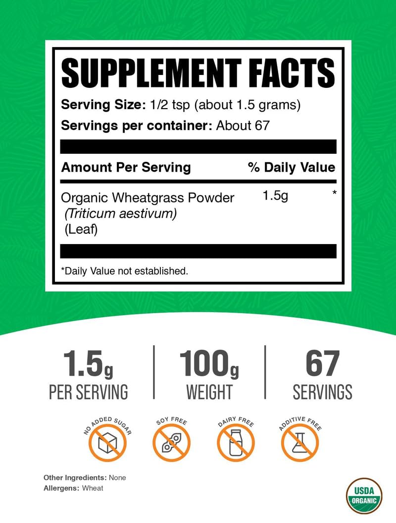 BulkSupplements.com Organic Wheatgrass Powder - Organic Super Greens Powder, Superfoods Supplement - Vegan & Gluten Free, 1.5g per Serving, 100g (3.5 oz) (Pack of 1) BulkSupplements Au supplements