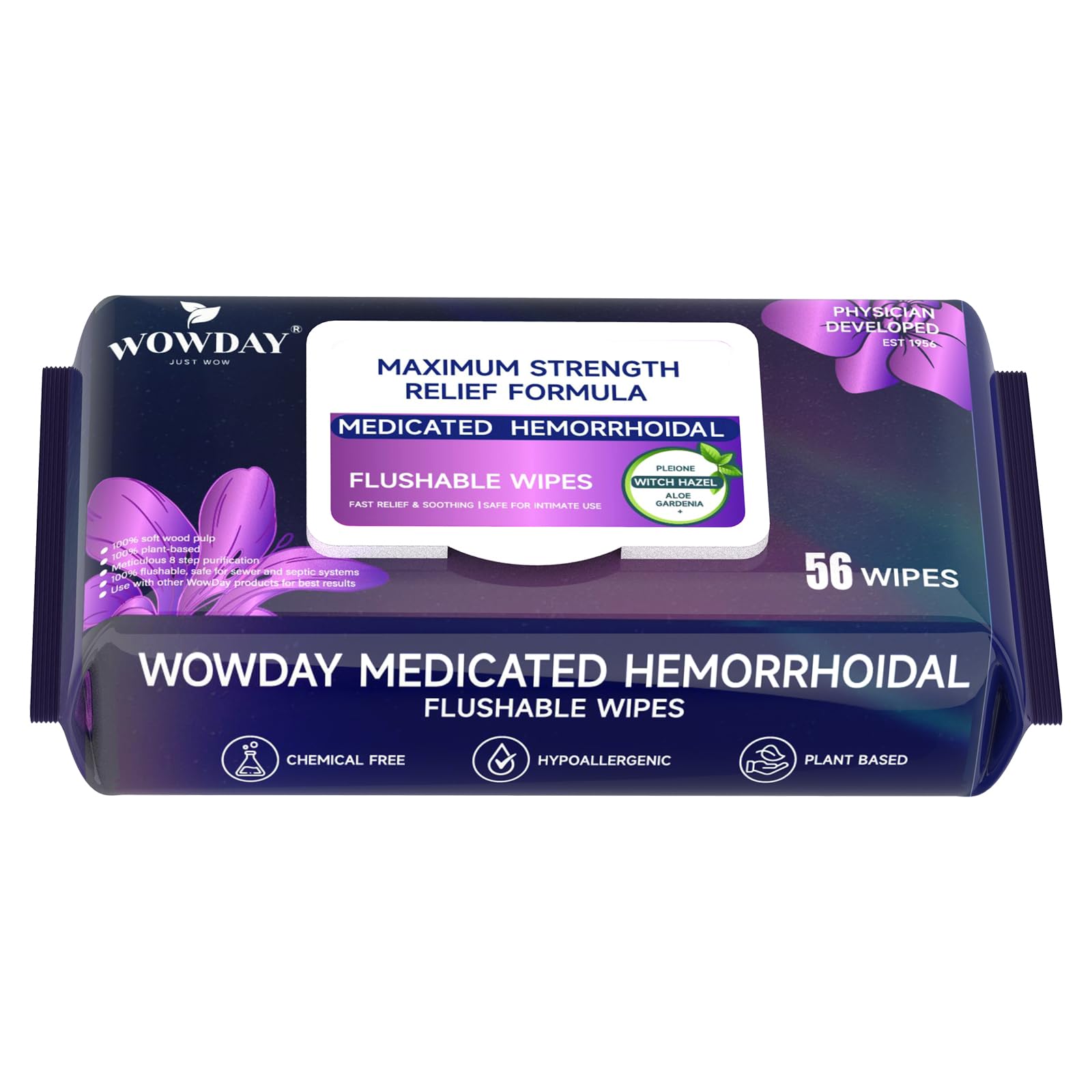 Wowday Flushable Hemorrhoid Wipes | Maximum Strength Witch Hazel Wipes | 56 Count Fragrance Free Adult Hemorrhoids Medicated Witch Hazels Wipe for Butt Hemorrhoidal Itch WowDay Au supplements